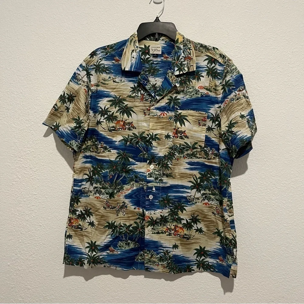 J.Crew Camp Collar Printed Slub Cotton Shirt Button Down in Blue Size Large
